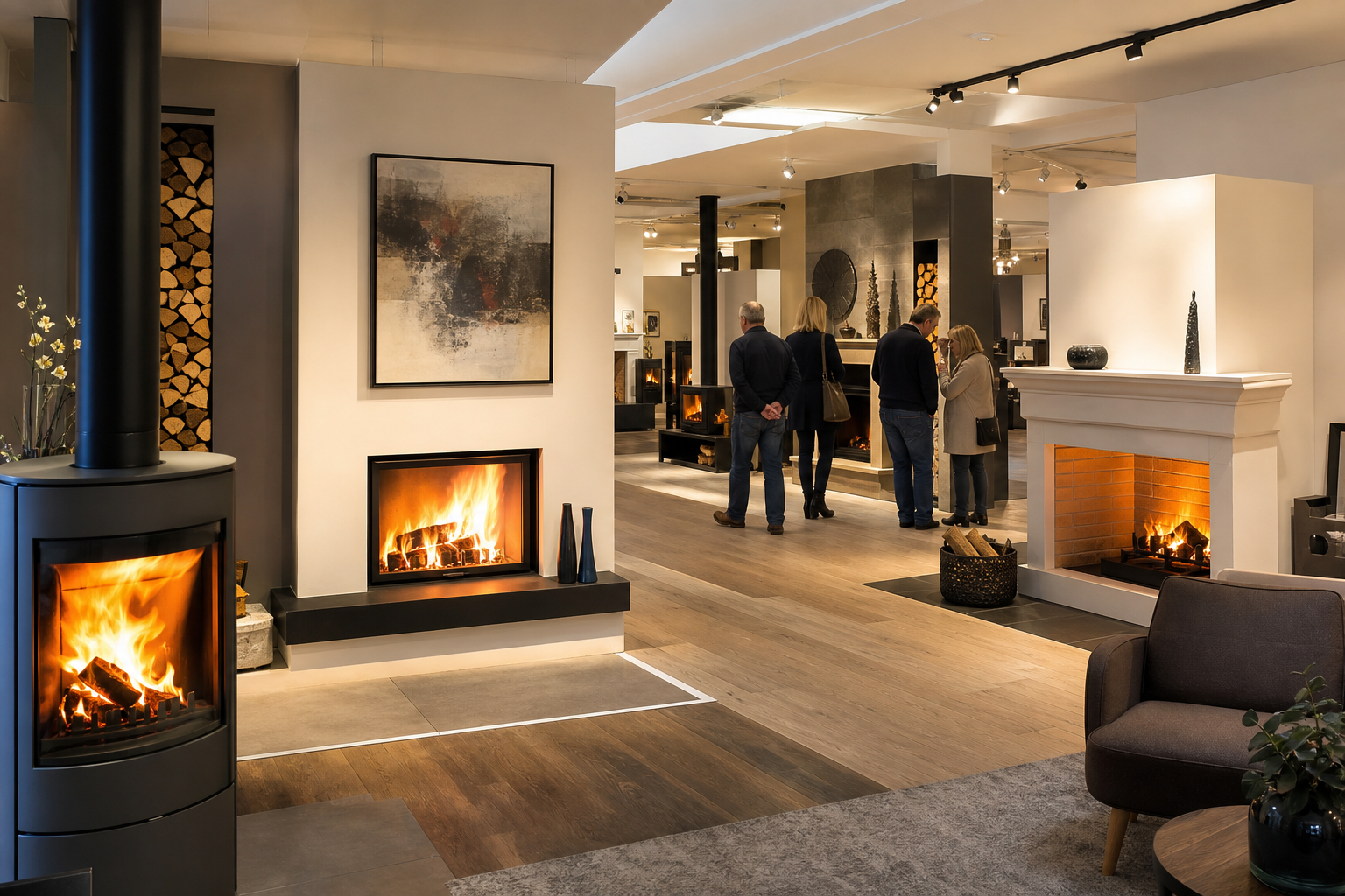 Showroom cheminées et poêles avec clients en visite